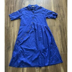 Sempre Royal Blue Asymmetrical Button Front Drop Waist Midi Shirt Dress S-M